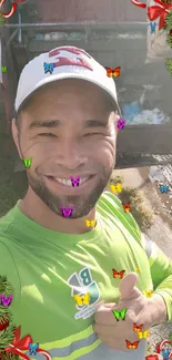 Selfie with butterflies and green shirt wallpaper.