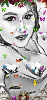 Monochrome portrait with colorful butterflies and floral accents on a mobile wallpaper.