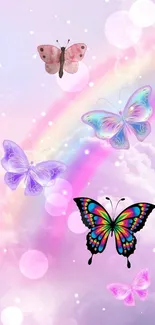 Vibrant butterflies with rainbow and clouds in a pastel sky.