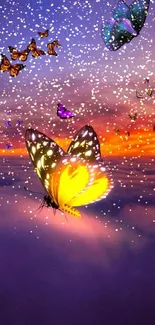 Colorful butterfly wallpaper with sunset sky and clouds.