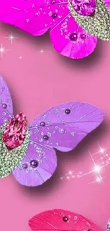 Colorful butterflies with sparkling gems on pink background.