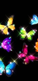 Vibrant butterflies sparkle on a dark background, creating a colorful and dazzling display.