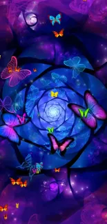 Colorful butterfly spiral design mobile wallpaper with purple hues.