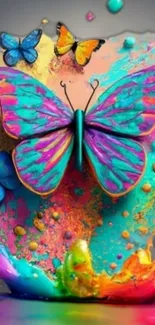 Vibrant butterfly art with colorful splashes on a grey background.