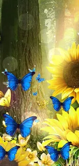 Blue butterflies amidst sunflowers with a forest backdrop