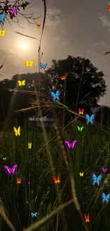 Butterflies fluttering in a sunset-lit meadow with vibrant colors.