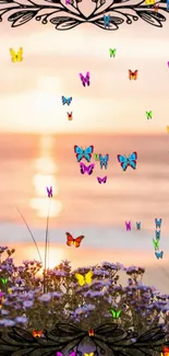 Colorful butterflies with a sunset backdrop over flowers.