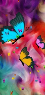 Vibrant butterfly wallpaper with colorful swirling background.