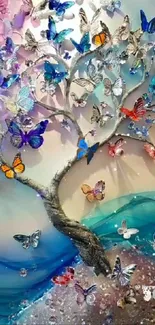 A vibrant tree with colorful butterflies on a whimsical background.