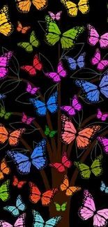 Colorful butterflies surrounding a tree on a dark background.