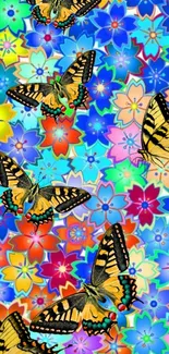 Vibrant wallpaper with colorful butterflies and flowers.