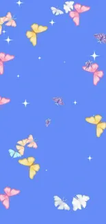 Colorful butterflies on a sky blue background.