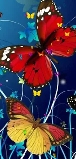 Colorful butterflies on a blue background mobile wallpaper.