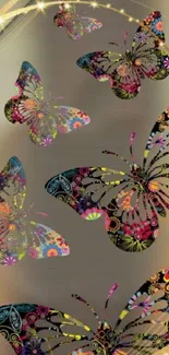 Vibrant multicolored butterflies on a gold background.