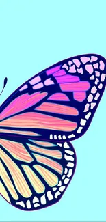 Vibrant neon butterfly with colorful wings on light blue background.