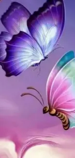 Colorful butterflies flying in a gradient sky wallpaper.