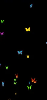 Vibrant colorful butterflies on a black background for mobile wallpaper.