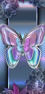 Vibrant butterfly with metallic and floral accents on mobile wallpaper.