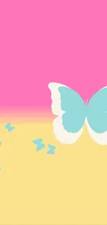 Colorful pastel butterfly design on pink and yellow background.