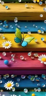 Colorful wallpaper with butterflies and flowers on wooden planks.