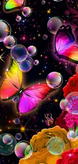 Vibrant butterfly wallpaper with bubbles and flowers.