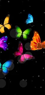 Colorful butterflies on black wallpaper backdrop.