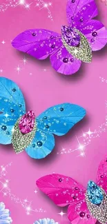 Vibrant pink wallpaper with colorful butterflies.