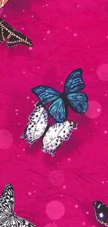 Colorful butterflies on a vibrant pink background mobile wallpaper.