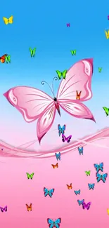 Vibrant wallpaper with colorful butterflies on a pink and blue gradient.