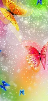 Vibrant mobile wallpaper with colorful butterflies and bokeh.