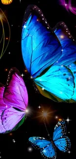 Vibrant mobile wallpaper with colorful butterflies on a dark background.