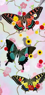 Vibrant butterfly wallpaper with floral and bird motifs, featuring pastel colors.