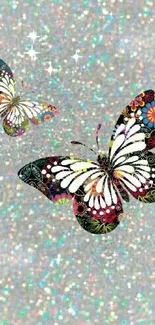 Colorful floral butterflies on a glittery background.