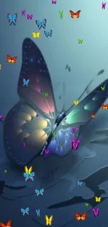 A vibrant butterfly with colorful wings on a dark blue background.