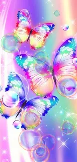 Colorful butterfly wallpaper with gradient and bubbles.