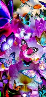 Colorful butterfly and floral wallpaper with vibrant hues.