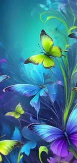 Colorful butterfly fantasy art on a vibrant blue background.