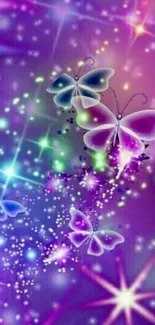 Colorful butterfly wallpaper with purple sparkles.