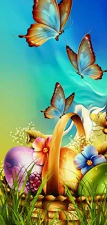 Colorful wallpaper with butterflies, eggs, and flowers.