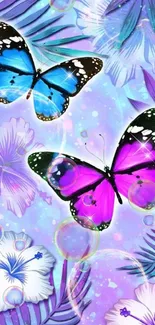 Colorful butterflies on floral background wallpaper.