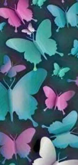 Colorful butterflies on dark green background.