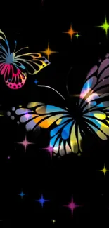 Colorful butterflies with neon glow on a black background.