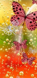 Pink butterflies on a colorful, bubbly background.