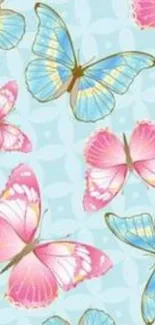 Vibrant pink and blue butterfly wallpaper design.