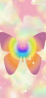 A dreamy pastel pink wallpaper with a colorful rainbow butterfly.