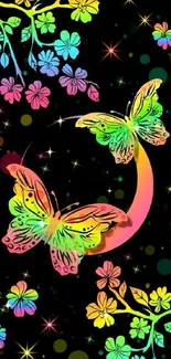 Colorful butterflies and flowers on a dark background wallpaper.