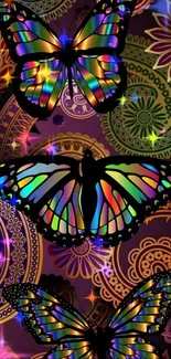 Colorful butterflies on a vibrant mandala background wallpaper.