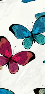 Blue and pink butterflies on a marble textured background.