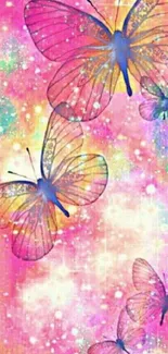 Colorful butterfly wallpaper with pink dreamy background.