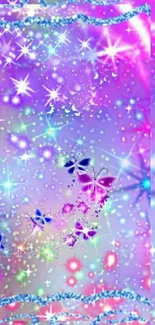 Vibrant colorful butterfly wallpaper with pink and shimmering glitter effects.